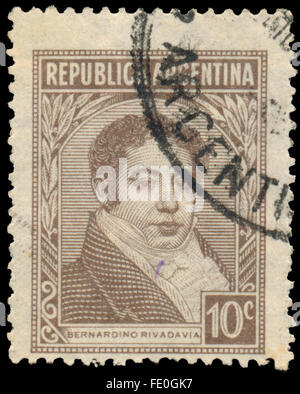 Argentine - circa 1945 : timbre imprimé dans l'Argentine montre Bernardino Rivadavia, le premier président de l'Argentine, 1826 - 18 Banque D'Images