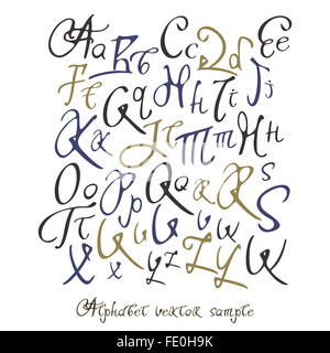 Calligraphie manuscrite alphabet latin complet avec des exemples de mots de texte Banque D'Images