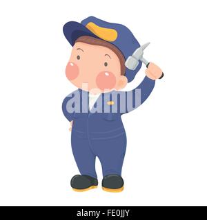 Vector Illustration de mécanicien de travailleur en vêtements de travail bleu holding Hammer Personnage sur fond blanc Illustration de Vecteur