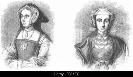 Image : La Reine Jeanne Seymour(Holbein) ; Anne de Clèves, antique print 1845 Banque D'Images