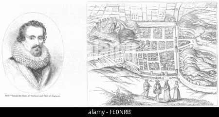 Édimbourg : début du 17e siècle ; James VI d'Écosse, antique print 1845 Banque D'Images