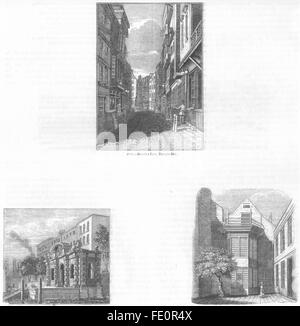 BUTCHER ROW, Temple Bar : York House, Bangor, Shoe Lane, antique print 1845 Banque D'Images