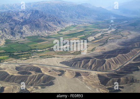 Vue aérienne de Pampas de Jumana près de Nazca au Pérou. Banque D'Images