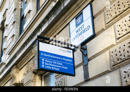 Signer pour St Bartholomew's Hospital, Barth, dans la région de West Smithfield, Londres. Banque D'Images