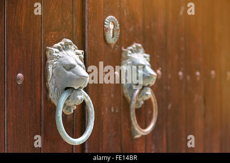 Poignées de porte en bois lion rétro Banque D'Images