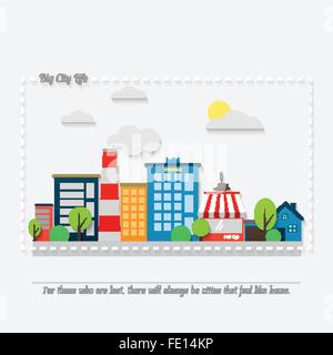 Cartoon style paysage urbain avec l'architecture moderne, les immeubles de bureaux, hôtel, marché, parc, café et route asphaltée. vecteur c Illustration de Vecteur