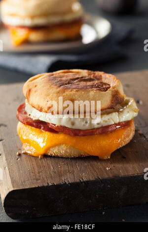 Petit-déjeuner fait maison avec du fromage Sandwich Œuf sur un muffin anglais Banque D'Images