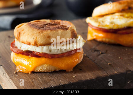 Petit-déjeuner fait maison avec du fromage Sandwich Œuf sur un muffin anglais Banque D'Images