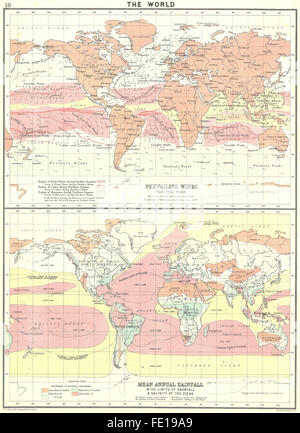 Monde : Les précipitations de neige ; les vents de l'océan, salinité carte antique 1900 Banque D'Images