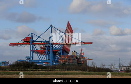 Hambourg, Allemagne. 3, 2016. Un navire de fret est déchargé par conteneur de ponts roulants au terminal Altenwerder à Hambourg, Allemagne, 3 février 2016. Port d'hamburger HHLA opérateur présentera ses chiffres d'affaires préliminaire pour 2015 le 4 février 2016. PHOTO : AXEL HEIMKEN/DPA/Alamy Live News Banque D'Images