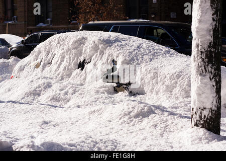 Un arbre de neige adhérant à ses côté avec une voiture garée presque entièrement couverte de neige qu'un rétroviseur latéral est visible Banque D'Images