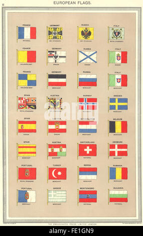 Drapeaux Européens : France Allemagne Italie Espagne Russie Autriche Portugal Norvège, 1907 Banque D'Images