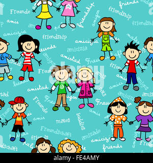 Personnages de dessins animés pour enfants cute transparente avec motif liés d'amitié des textes dans diverses langues Banque D'Images