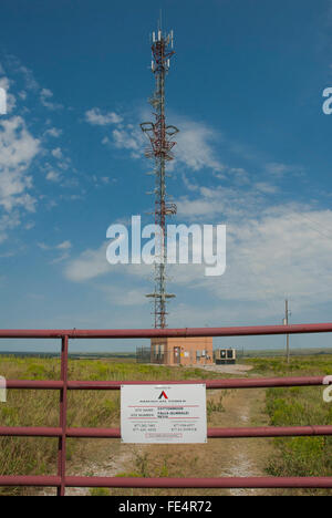 Elmdale, Kansas, États-Unis, 1er septembre 2015, une cellule ou cellule site tower est un téléphone cellulaire site où des antennes et des équipements de communications électroniques sont placés, en général sur un mât de radio, tour ou autre haut lieu, de créer une cellule (ou cellules adjacentes) dans un réseau cellulaire. La structure surélevée généralement en charge des antennes, et un ou plusieurs ensembles d'émetteurs/récepteurs enfichables, processeurs de signaux numériques, électronique de commande, un récepteur GPS pour la synchronisation (pour les réseaux CDMA2000/A-95 ou des systèmes GSM), principale et de sauvegarde des sources d'énergie électrique, et d'abri. Credit : Mark Reinstein Banque D'Images