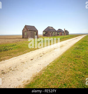 Rurales traditionnelles huttes de bois en italien et une campagne padana white country road. Emilia, Italie. Banque D'Images