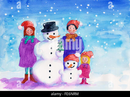 Famille avec snowman aquarelle Banque D'Images