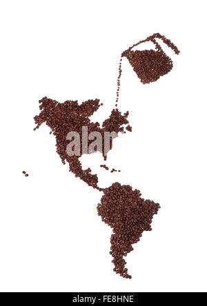 Pot de café Verser les haricots sur une carte de l'Amérique du Nord tous faits de Brown, Fresh Roasted Coffee Beans Banque D'Images