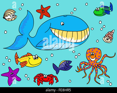 Relations sérieuses in doodle des créatures de la mer transparente Banque D'Images