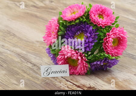 Gracias (merci en espagnol) Carte avec fleurs bouquet de marguerites colorées Banque D'Images