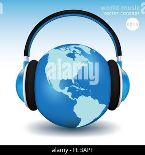 La terre avec des écouteurs. Concept de musique du monde 3D de vecteur très détaillés Illustration de Vecteur
