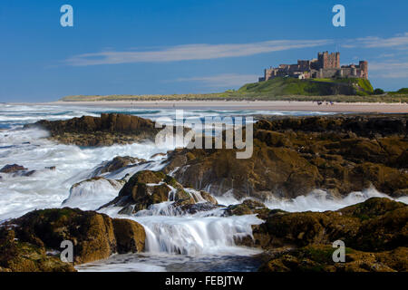 Une vue sur Château De Bamburgh Northumberland en été prises depuis les rochers juste au-dessous de la laisse des hautes eaux en direction du château Banque D'Images