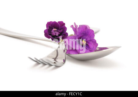 Cuillère et fourchette à violettes sur fond blanc libre Banque D'Images