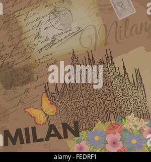 Milan affiche sur fond rétro nostalgique avec de vieilles cartes postales, lettres et cathédrale de Milan, vector illustration Illustration de Vecteur