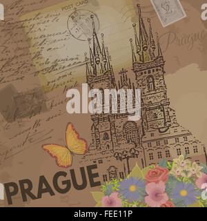 Prague affiche sur fond rétro nostalgique avec de vieilles cartes postales et des lettres, vector illustration Illustration de Vecteur