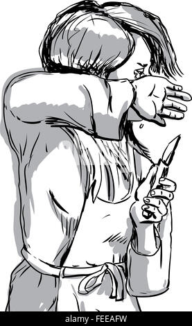 Croquis dessinés à la main, de pleurer seule femme en tablier et couteau en main Banque D'Images
