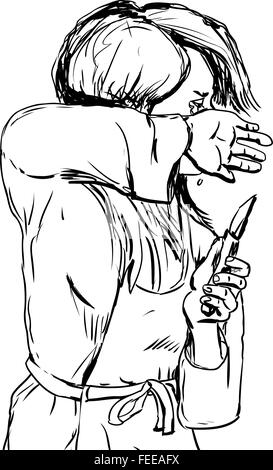 Hand drawn décrit un dessin de femme seule dans un tablier en essuyant les larmes et tenant un couteau Banque D'Images