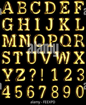 Alphabet d'or sur fond noir. Banque D'Images