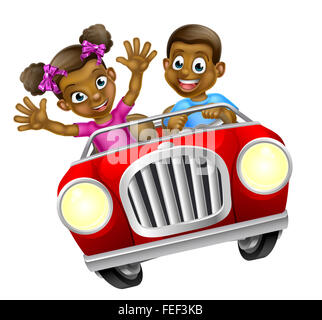 Cartoon boy and girl having fun conduite rapide dans une voiture décapotable Banque D'Images