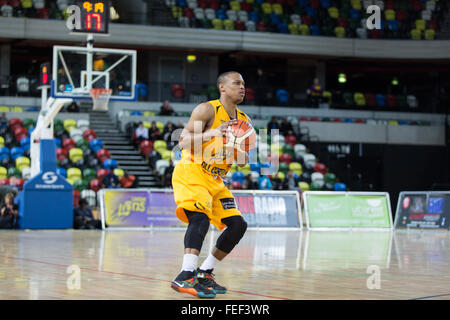 Londres, Royaume-Uni. 5 Février, 2016. Les Lions' Andre Lockhart avec la balle. Défaite des Lions Londres 90-84 Requins Sheffield Arena, Boîte de cuivre au Queen Elizabeth Olympic Park, Londres. copyright Carol Moir/Alamy Live News. Banque D'Images