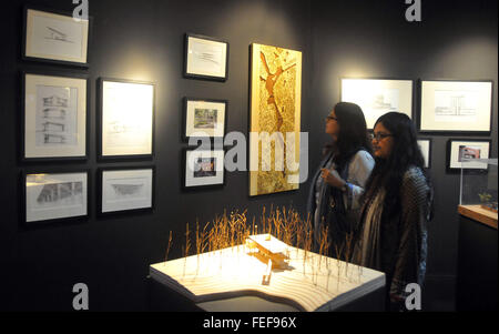 Dhaka, Bangladesh. Feb 6, 2016. Les visiteurs apprécient les expositions de Dhaka au sommet de l'Art à Dhaka, capitale du Bangladesh, le 6 février 2016. Le sommet de l'Art de Dhaka s'est tenue du 5 février au 8 février dans le Bangladesh Shilpakala Academy en partenariat avec l'Académie Nationale des Beaux-Arts et des arts © Shariful Islam/Xinhua/Alamy Live News Banque D'Images