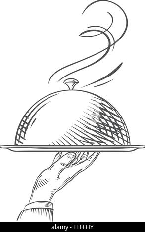 Vector illustration dessinée à la main du garçon hand holding a tray Illustration de Vecteur