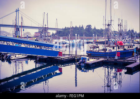 Sur une scène portuaire d'ANB et sombre de l'après-midi brumeux de Sitka, Alaska, USA. O'Connel Bridge est vu dans l'arrière-plan. Banque D'Images