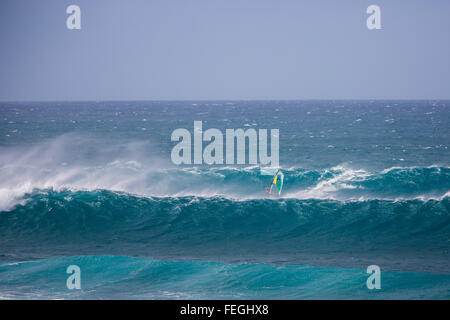 Un windsurfer rides les vagues en face de l'Hoʻokipa Beach sur l'île de Maui, Hawaii (USA) Banque D'Images