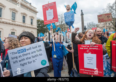 Londres, Royaume-Uni. 1er février 2016. Plusieurs milliers de médecins assister à une manifestation et une marche à Downing Street pendant un sit-down dans les masques chirurgicaux contre l'imposition de nouveaux contrats ils disent va détruire le NHS et le rendre dangereux pour les patients. Les gens dans la foule tenir des pancartes et crier leur soutien à la protestation. Peter Marshall/Alamy Live News Banque D'Images