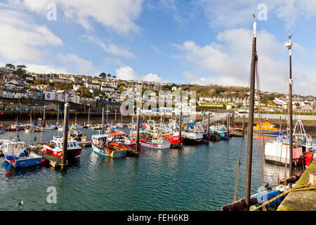 Un assortiment de différentes couleurs et tailles de bateaux de pêche dans le port de Newlyn, Cornwall, England, UK Banque D'Images