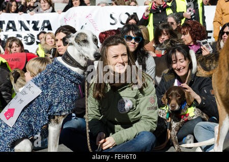 Madrid, Espagne. 7 Février, 2016. Une femelle avec un autocollant manifestant contre la chasse avec son greyhound pendant la démonstration contre la chasse avec des chiens qui s'est tenue à Madrid. Credit : Valentin/Sama-Rojo Alamy Live News.