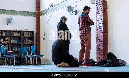 Londres, Royaume-Uni. 7 février 2016. Des fidèles dans la salle de prière. La East London Mosque et London Centre musulman, au coeur de Tower Hamlets, et le foyer de la plus grande communauté musulmane du Royaume-Uni, vous ouvre ses portes dans le cadre de la mosquée 'Visiter mon Day', une initiative nationale facilitée par le Conseil musulman de Grande-Bretagne, où des mosquées à travers le Royaume-Uni organisent des journées portes ouvertes pour permettre à l'opinion publique britannique pour voir ce qui se passe dans une mosquée et de comprendre son rôle dans la vie musulmane. Crédit : Stephen Chung / Alamy Live News Banque D'Images