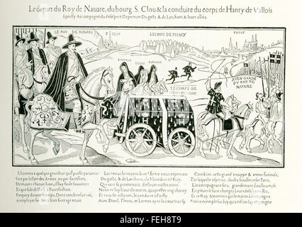 L'illustration montre l'adaptation de la demeure de l'assassiné Henri III à Poissy, dans le centre-nord de la France. La légende qui l'accompagnait dans un texte de 1878 a noté que tous étaient en voyage à partir de Paris le long de la rue Montorgueil à Bon Pasteur. Henri III avait été assassiné par un fanatique religieux, un frère dominicain du nom de Jacques Clément, le 1 août 1589. C'était l'époque de la Réforme protestante et de conflits connus sous le nom des guerres de religion. Banque D'Images