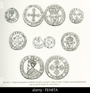 Les pièces de monnaie et médailles présentés ici ont été frappées durant le siège de Paris de 1590. La figure est Charles X de Bourbon. C'était un cardinal et la Ligue catholique considéré comme le roi légitime de la France après l'assassinat de Henri III par le moine dominicain Jacques Clément. La Ligue catholique lui donna le nom de Charles X à Paris au Parlement en 1589. Banque D'Images