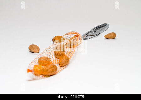 Quelques Amandes en coques et d'un casse-noix isolé sur fond blanc Banque D'Images