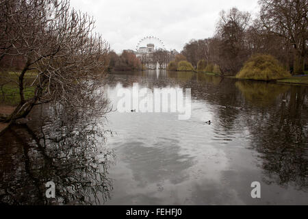 Vue de Saint James' Park Lake, à Westminster, avec le London Eye à distance. Banque D'Images