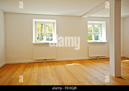 Salle de séjour dans un vieux bâtiment après rénovation, appartement avec parquet au sol Banque D'Images