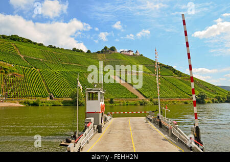 Bac sur la rivière Moselle à Marienburg Château près de Puenderich - région viticole de la Moselle en Allemagne Banque D'Images