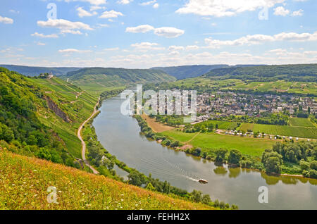 Vue de la Moselle et le château de Marienburg près de Puenderich - Mosel région viticole d'Allemagne Banque D'Images