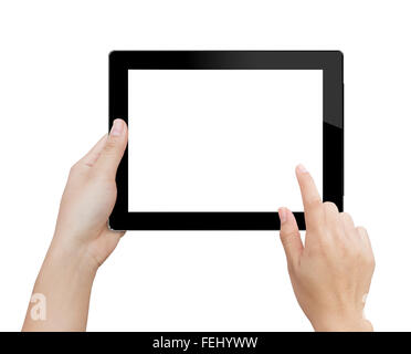 Femme la main à l'aide de mock up tablette numérique clipping isolé patch en données image Banque D'Images