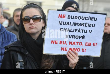 Brno, République tchèque. 08Th Feb 2016. Une foule de 500 se sont réunis lors d'un rassemblement contre l'islam organisé par l'Nous ne voulons pas que les réfugiés en République tchèque, le Parti des travailleurs de la Justice Sociale (DSSS) et l'agence locale de la démocratie nationale (ND) sur la place principale de Brno, République tchèque, le 6 février 2016. © Igor Zehl/CTK Photo/Alamy Live News Banque D'Images